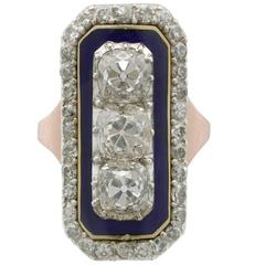 1830s 4.39 Carats Diamonds Blue Enamel Rose Gold Cocktail Ring 6