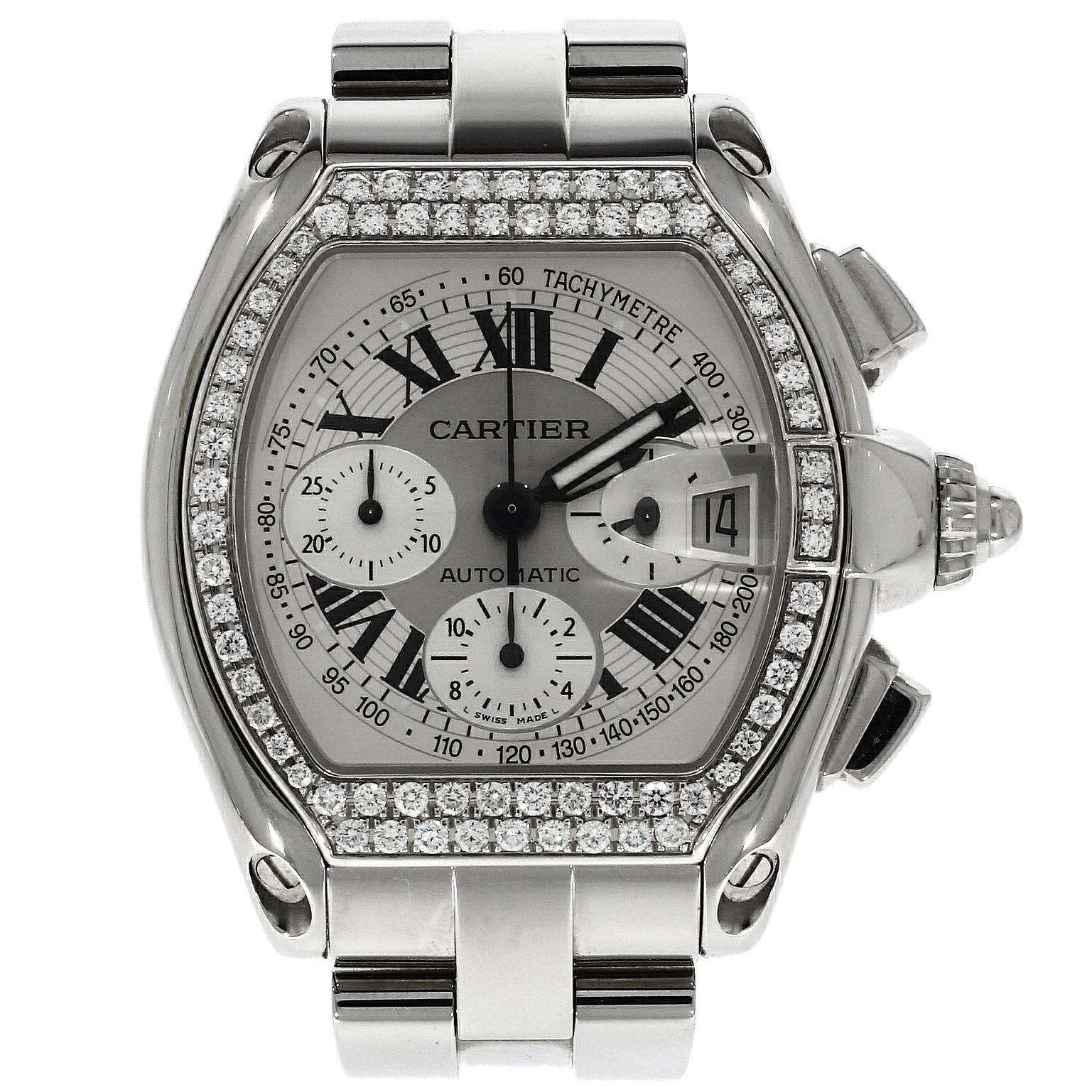 Cartier Stainless Steel Diamond Bezel Roadster Chronograph Automatic Wristwatch  For Sale