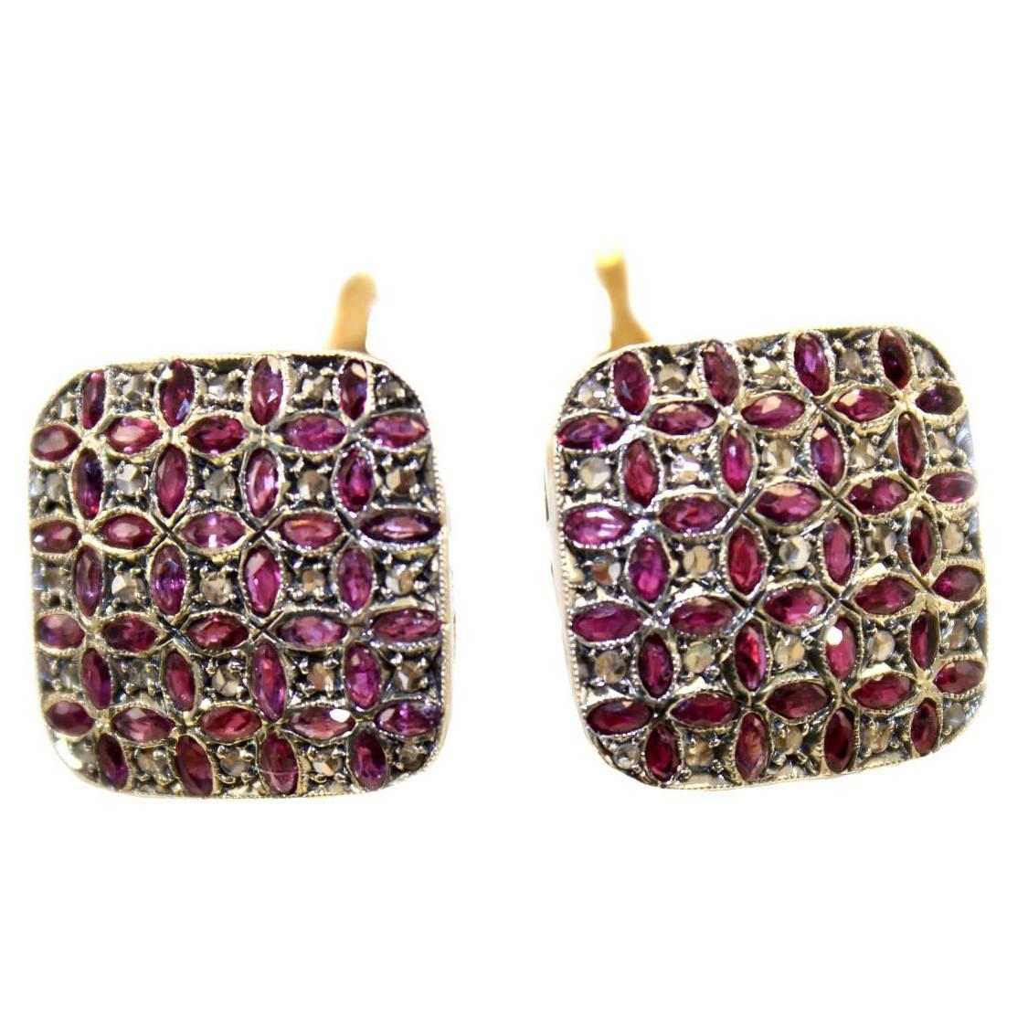  Gold and Silver Diamond Ruby Stud Earring
