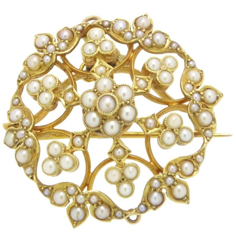 Antique Art Nouveau Edwardian Pearl Pendant Brooch, 15 Carat Gold