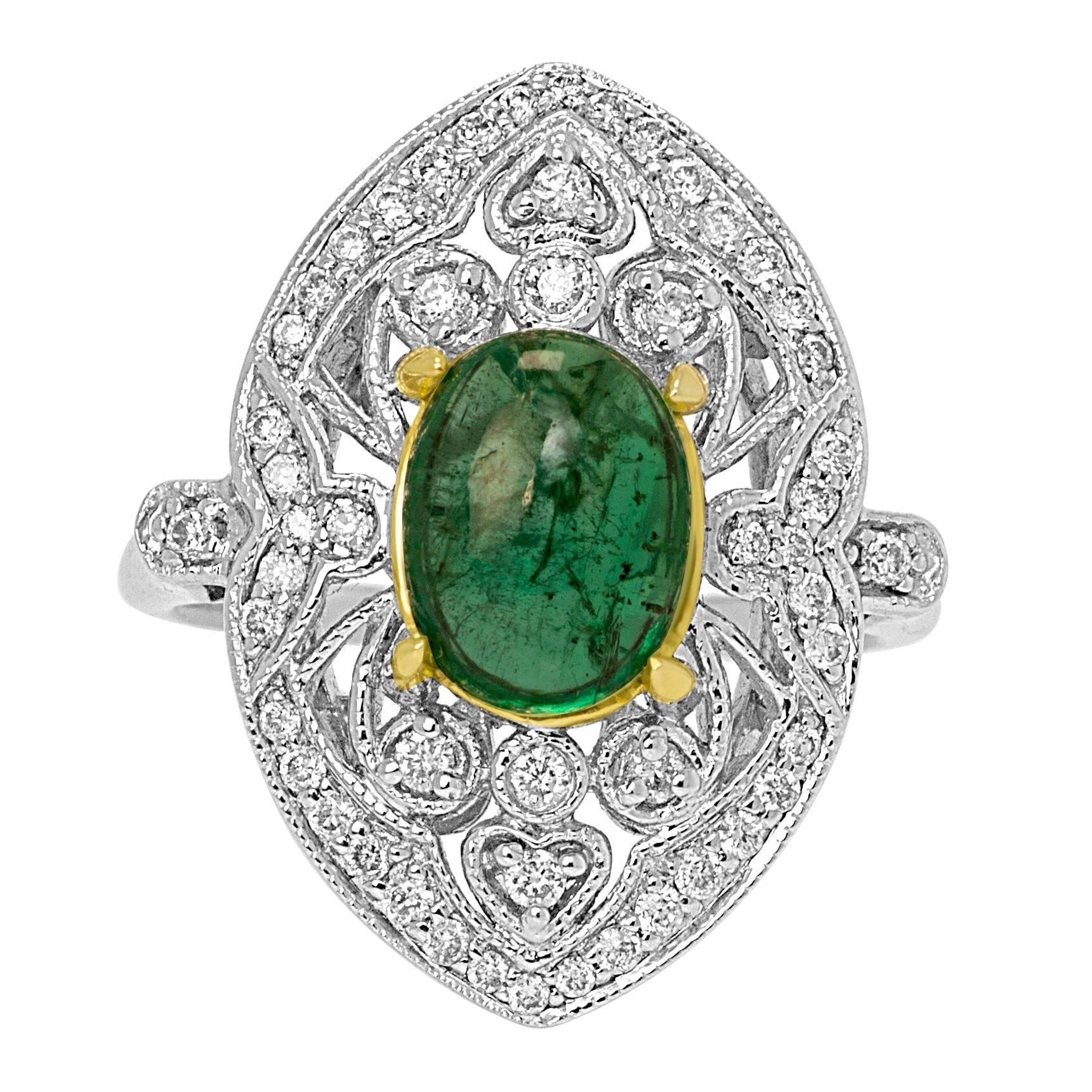 Emerald Cabochon Diamond Halo Two Color Gold ArtDeco Style Fashion Cocktail ring