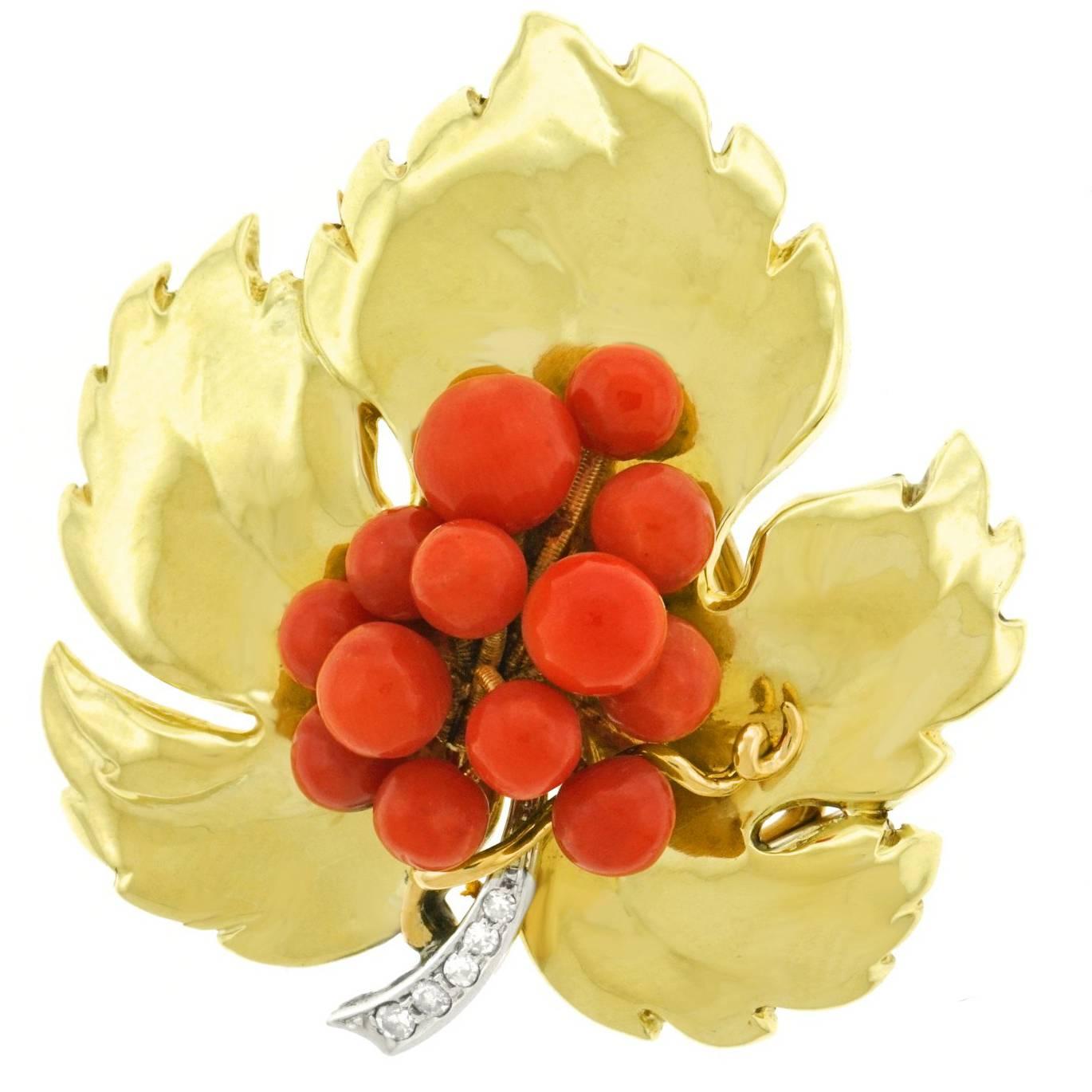 Art Deco Holly Leaf and Berries Gold Brooch