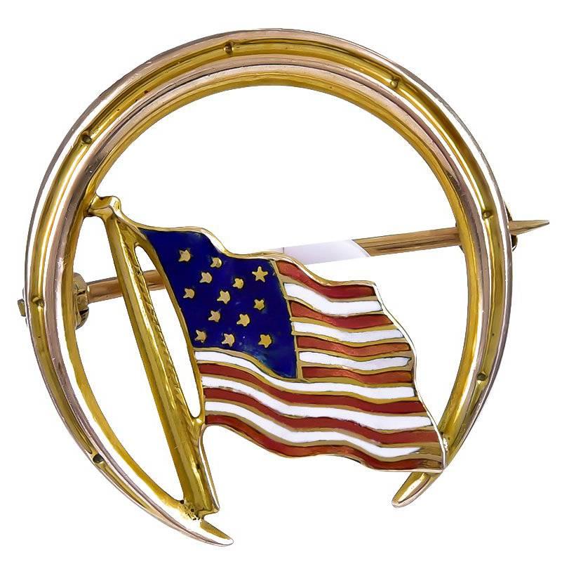 Antique Enamel Gold American Flag Pin