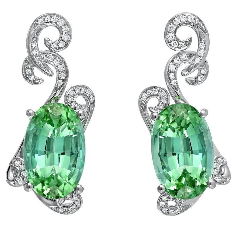 11.66 Carat Oval Mint Green Tourmaline Diamond Drop Earrings For Sale