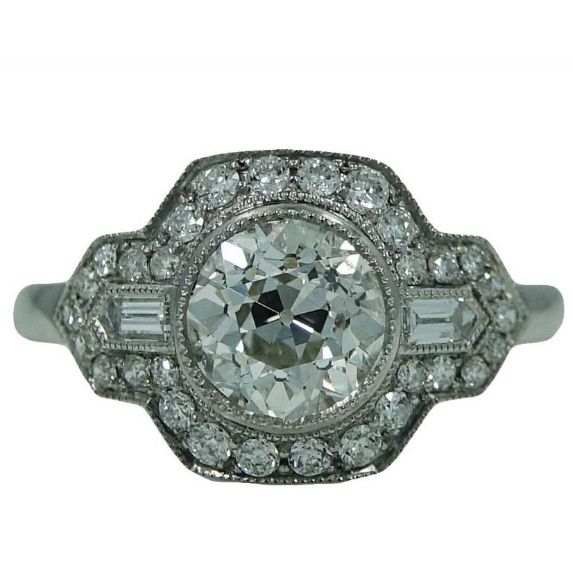 Art Deco Old European Cut 1.41 Carat Diamond Platinum Ring For Sale