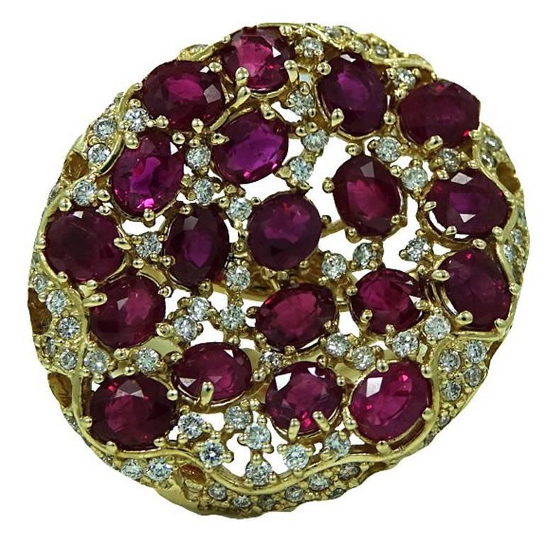 7.34 Carat Heated Burmese Rubies and Diamonds Yellow Gold Ring For Sale