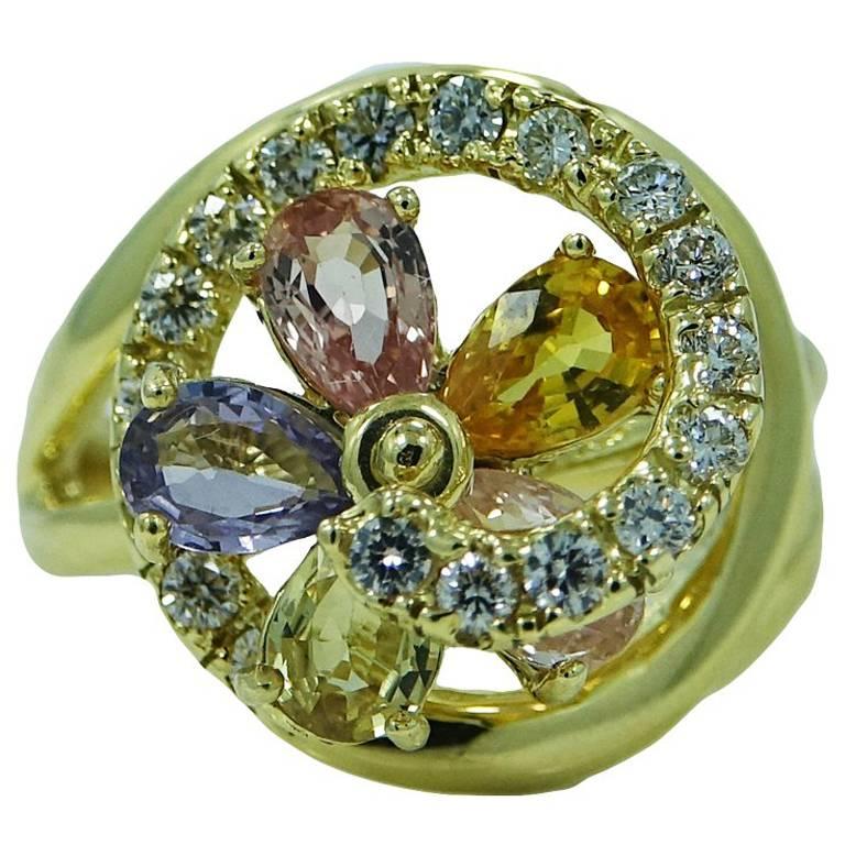 Multicolored Sapphire Diamond Yellow Gold Ring For Sale