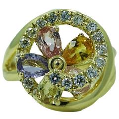 Multicolored Sapphire Diamond Yellow Gold Ring