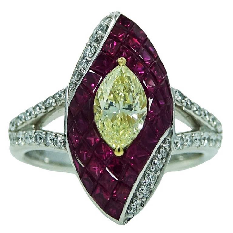 Rubies Yellow and White Diamonds Platinum Ring For Sale