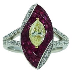 Rubies Yellow and White Diamonds Platinum Ring 3
