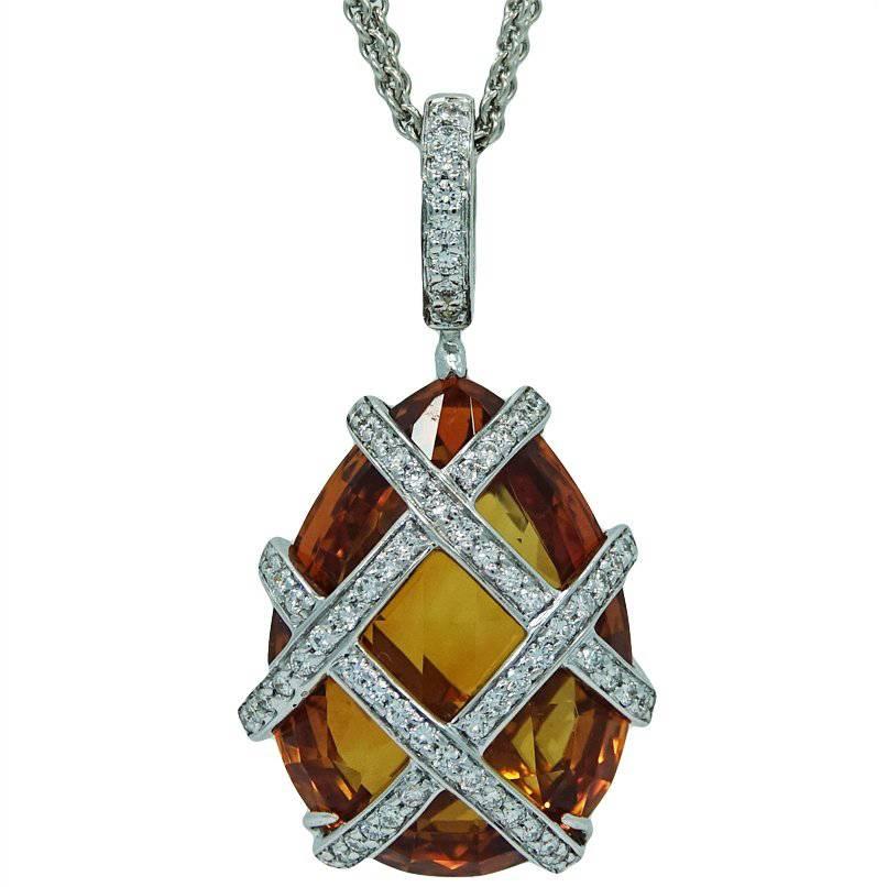 White Gold Pendant and Necklace with Pear Shaped Madeira Citrine and Diamonds For Sale
