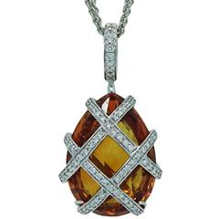 White Gold Pendant and Necklace with Pear Shaped Madeira Citrine and Diamonds
