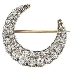 Victorian 9ct Gold & Silver Crescent Moon Diamond Brooch