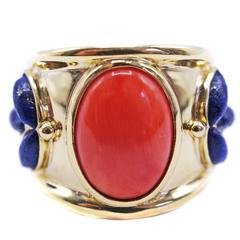 Coral Lapis Lazuli Gold Band Ring 10