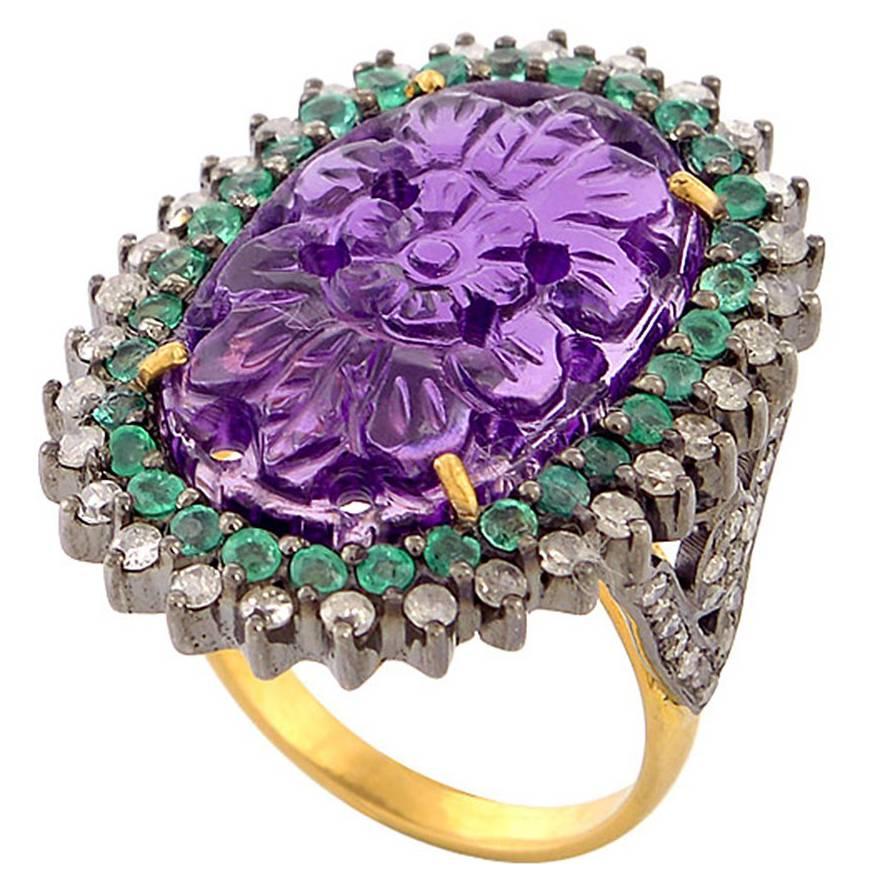 Carved Amethyst Emerald Diamond Silver Gold Ring