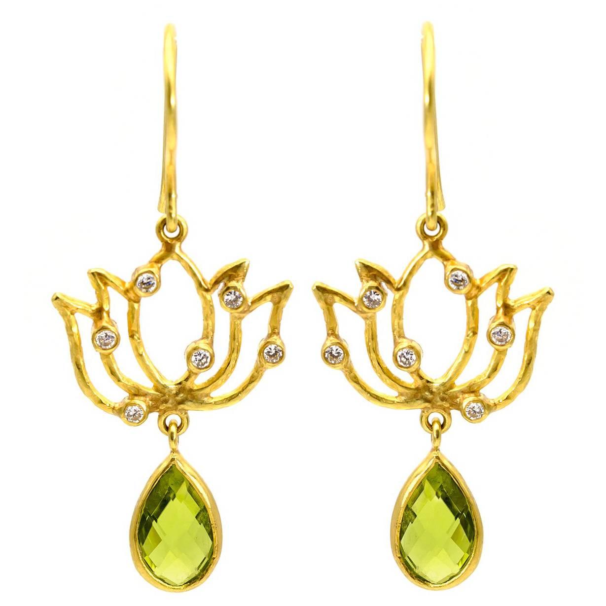 Green Peridot Diamonds Gold Lotus Earrings 