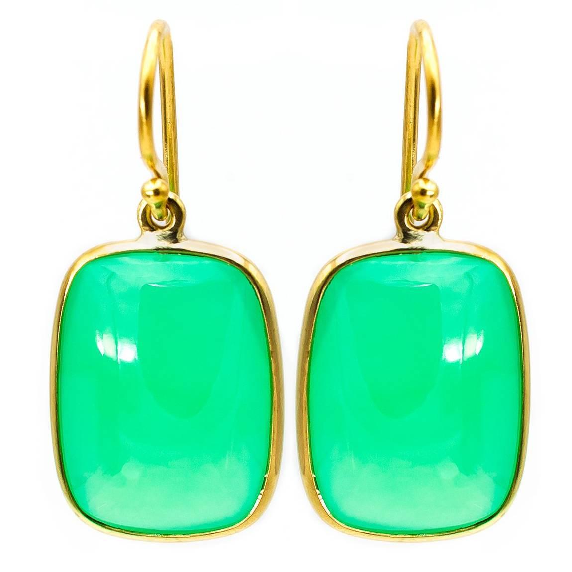 Rectangle Green Chrysoprase 18k Gold Earrings 