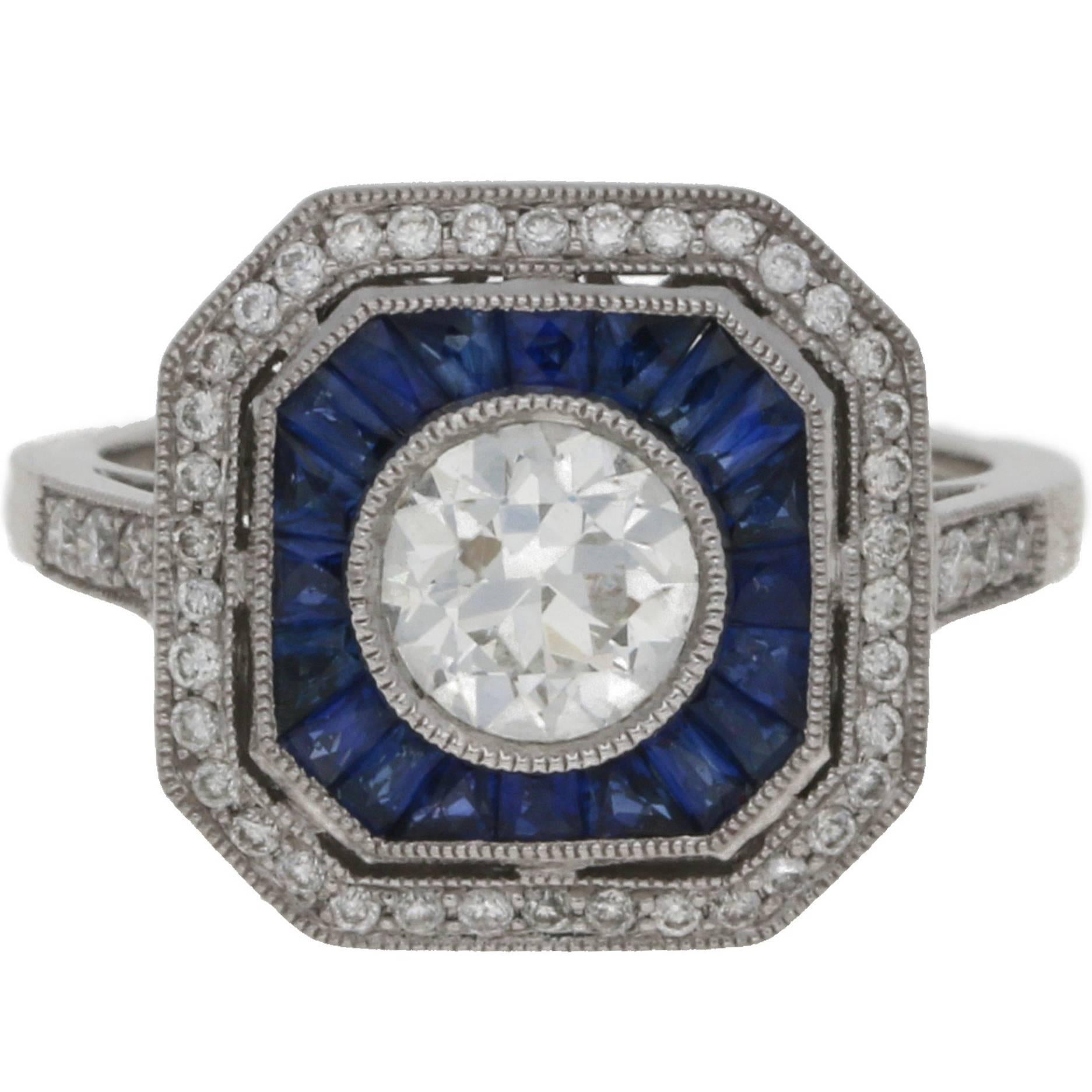 Art Deco Style Sapphire and Diamond Engagement Ring