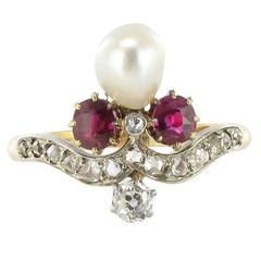 French Napoleon III Natural Pearl Ruby Diamond Duchess Ring 3