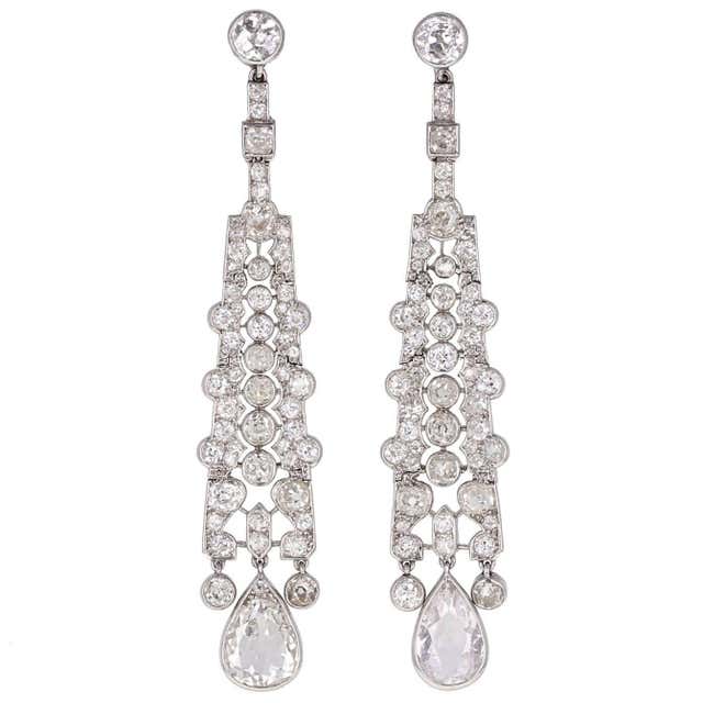 Art Deco Cartier Diamond Platinum Drop Earrings at 1stDibs