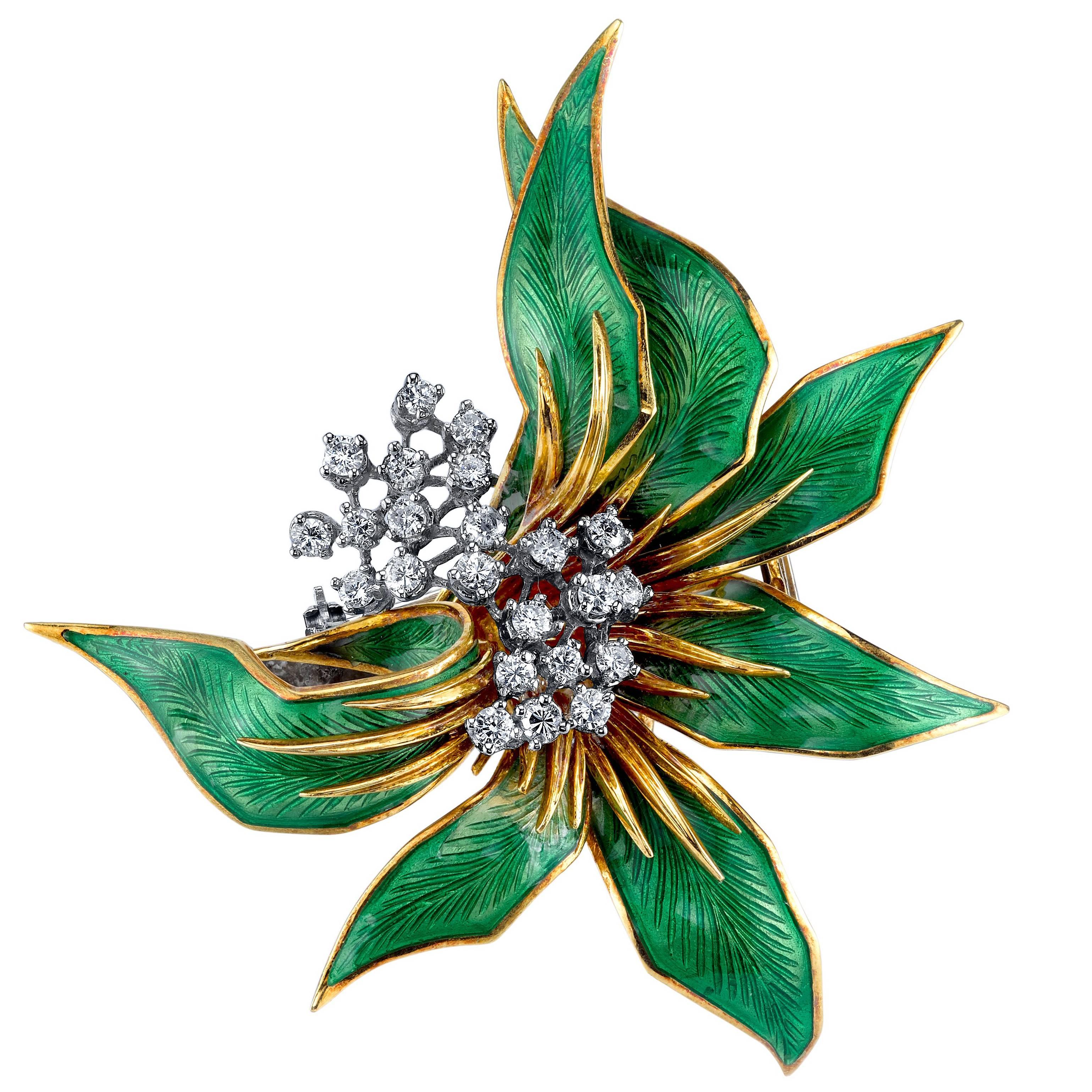 Italian Floral Guilloche Enamel Diamond Gold Brooch
