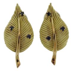 1960s Gold Sapphire Leaf Earrings