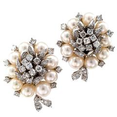 Vintage 1950s Cultured Pearl Diamond Gold Ear Clips