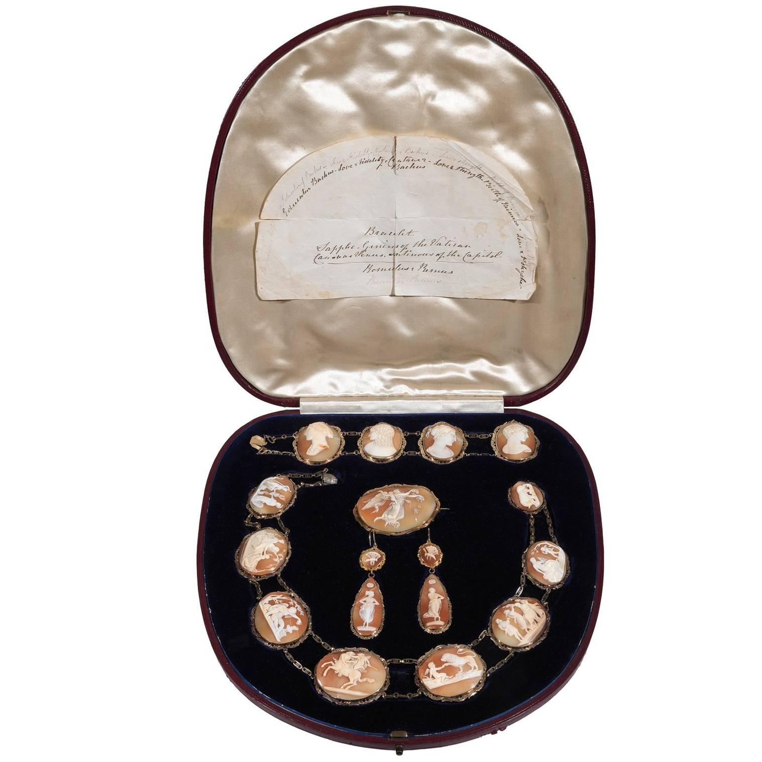 Rare Antique 1830 Shell Cameo Full Set Bracelet Brooch Earrings Necklace