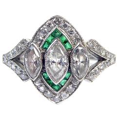 Vintage Art Deco Style Emerald and Diamond Cluster Ring