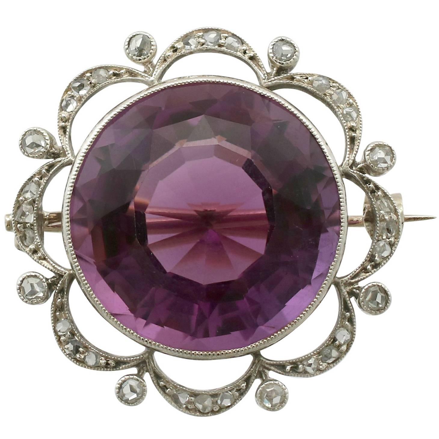 Antique 26.46 Carat Amethyst and Diamond Yellow Gold and Silver Brooch