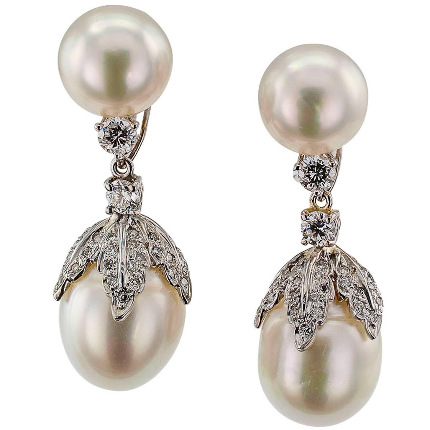 Day into Night South Sea Pearl Diamond Gold Earrings
