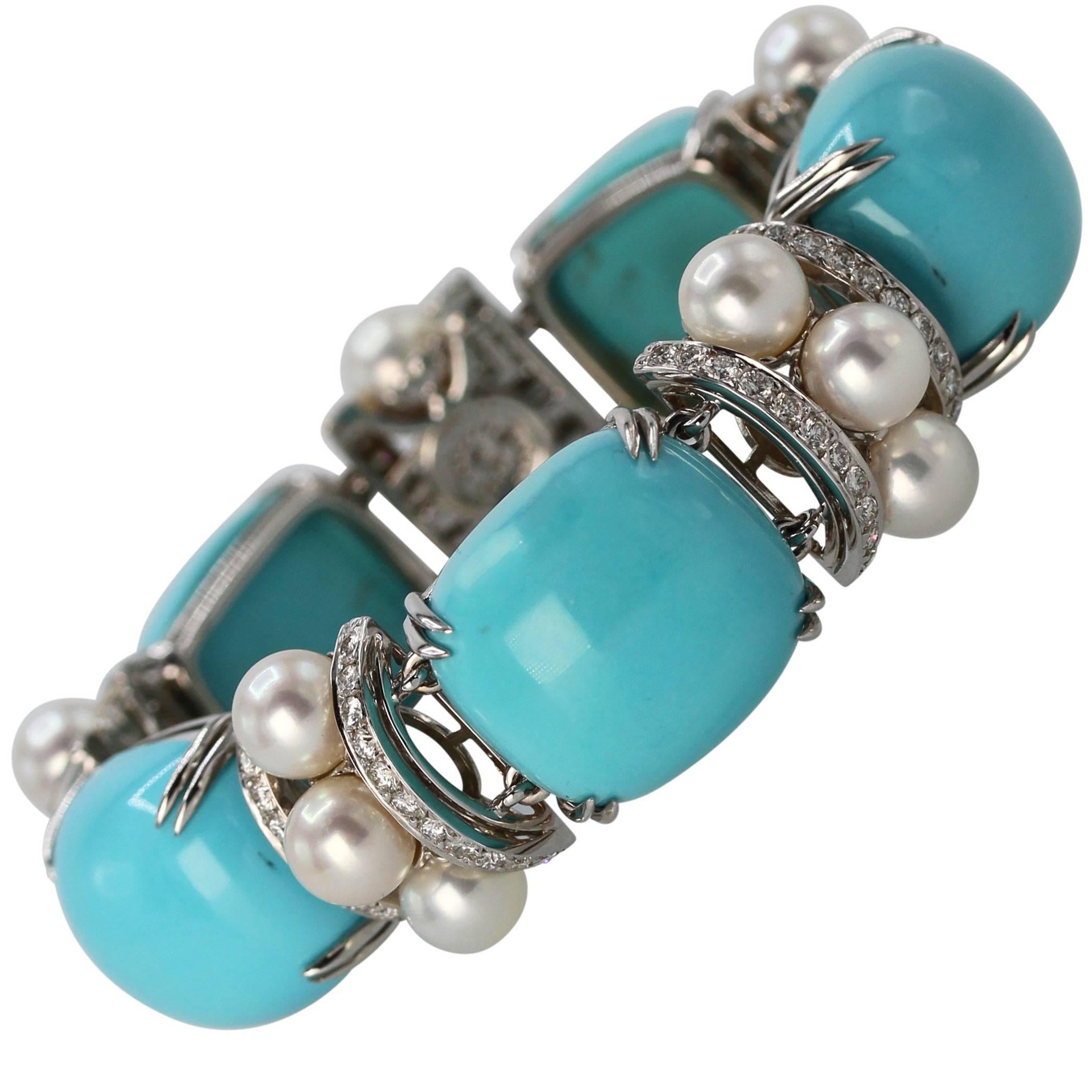Seaman Schepps Turquoise Cultured Pearl Diamond Bracelet