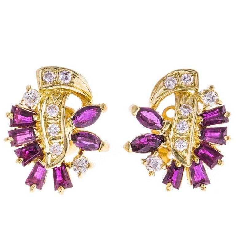 Vintage 0.70 Carat Ruby and Diamond Cluster Earrings