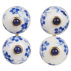 Vermeil Sapphire White and Blue Painted Porcelain Ear Jacket Earrings 2
