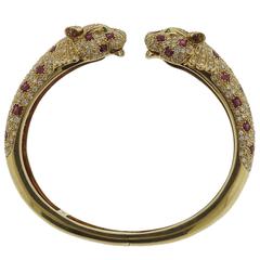 Ruby Emerald Diamond Gold Panther Cuff Bracelet