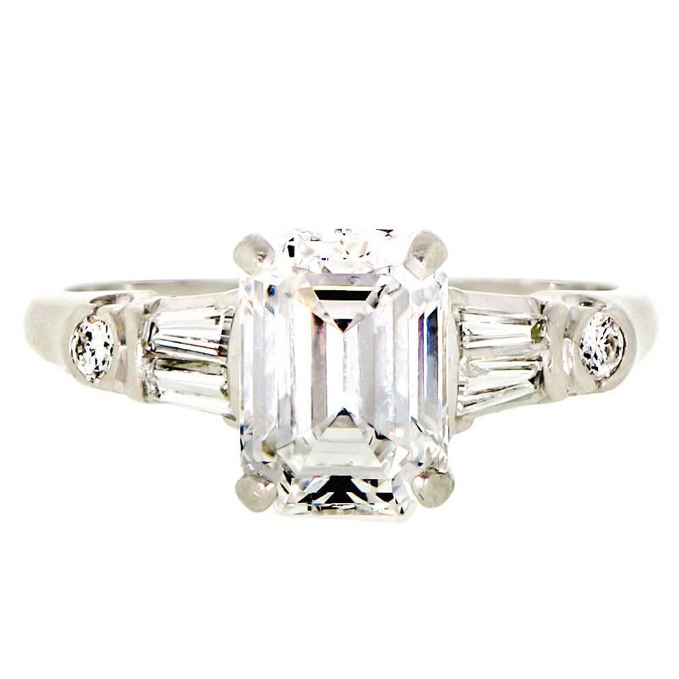 Vintage 1.84 Carat Emerald Cut Diamond and Platinum Engagement Ring For Sale