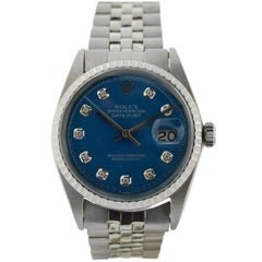Retro Rolex Stainless Steel Datejust Blue Diamond Dial Watch, circa 1970s