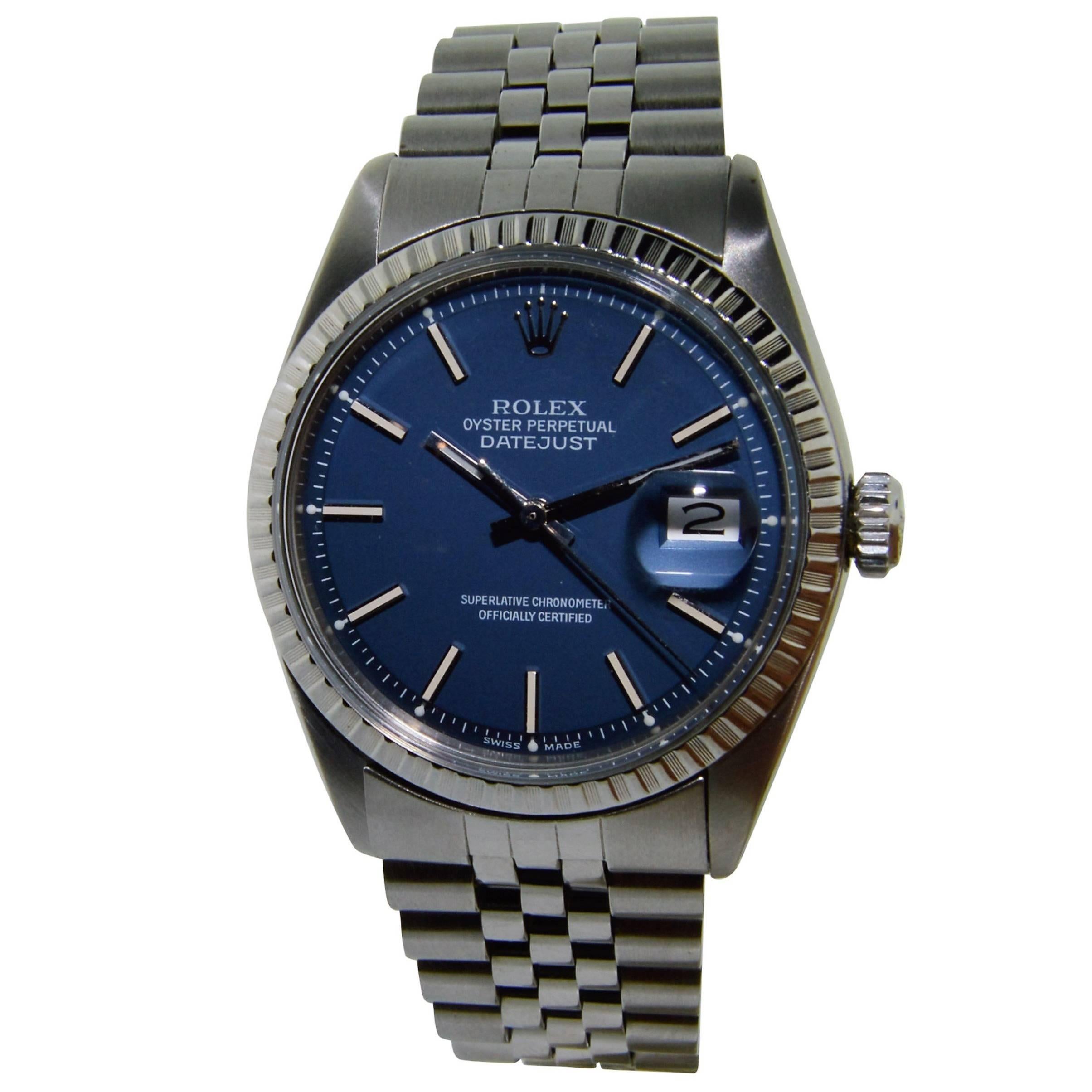 Rolex Stainless Steel Blue Dial Datejust Wristwatch, 1970s