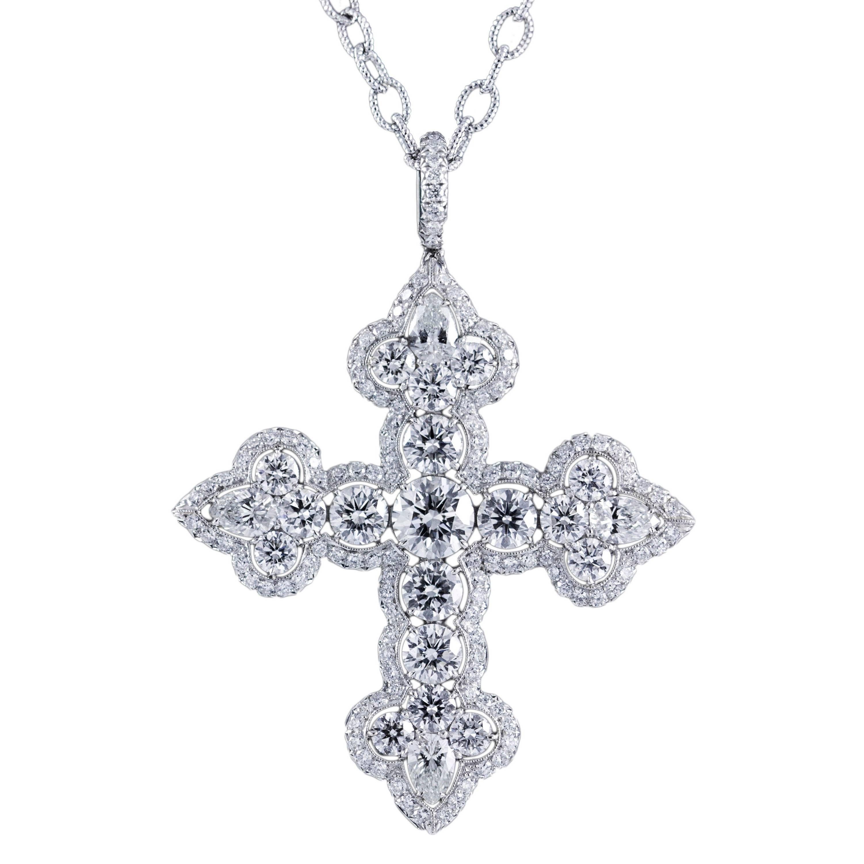 6.39 Carat Diamond Platinum Cross Pendant Necklace