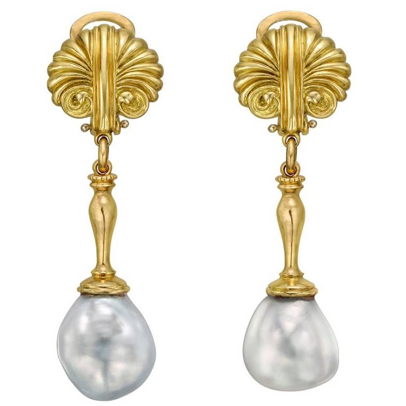 Baroque Pearl Yellow Gold Pendant Earrings