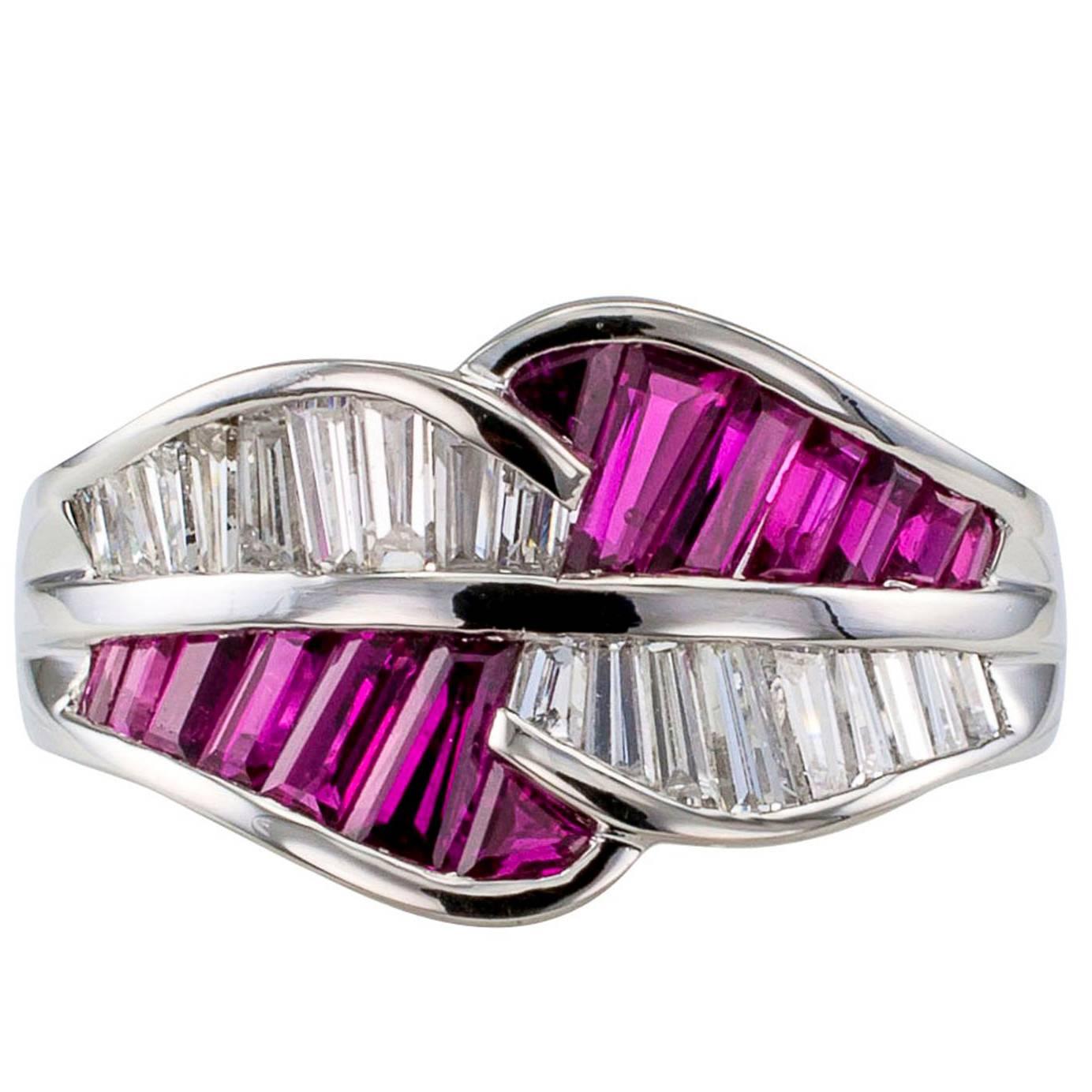 Baguette Ruby Diamond Platinum Bypass Band Ring 