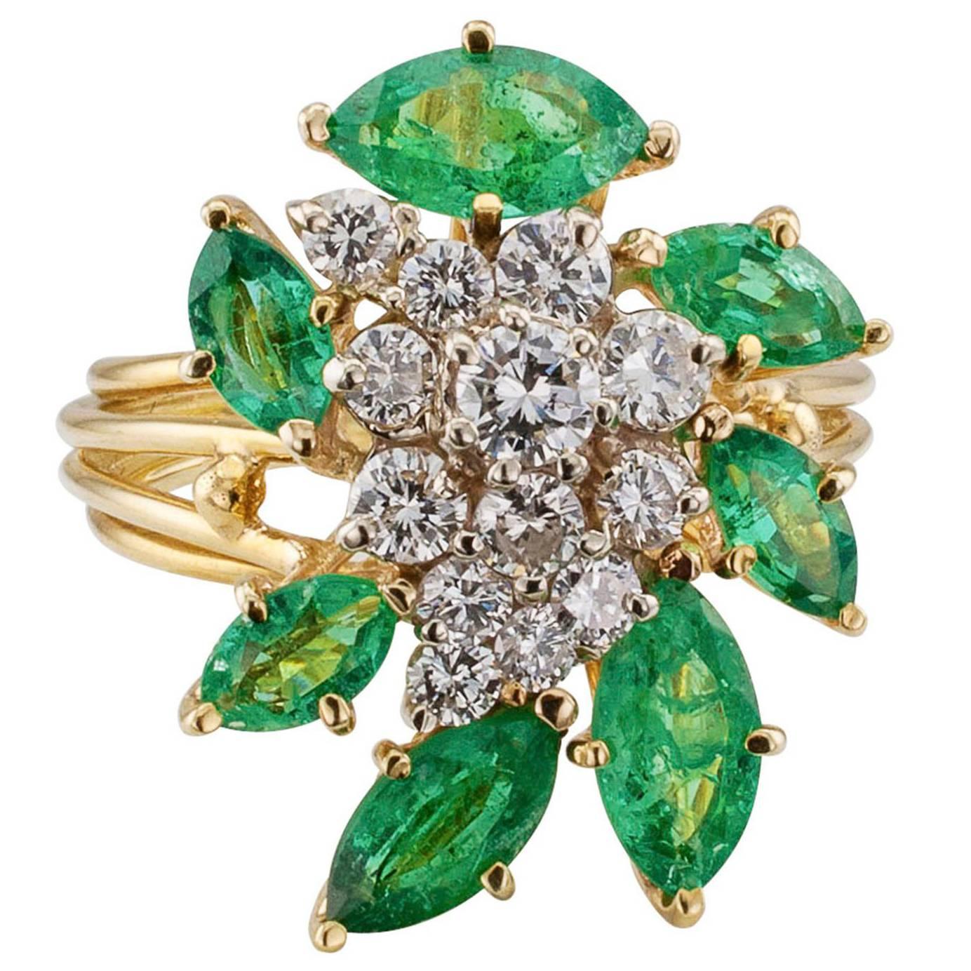 1970s Emerald Diamond Gold Cocktail Ring
