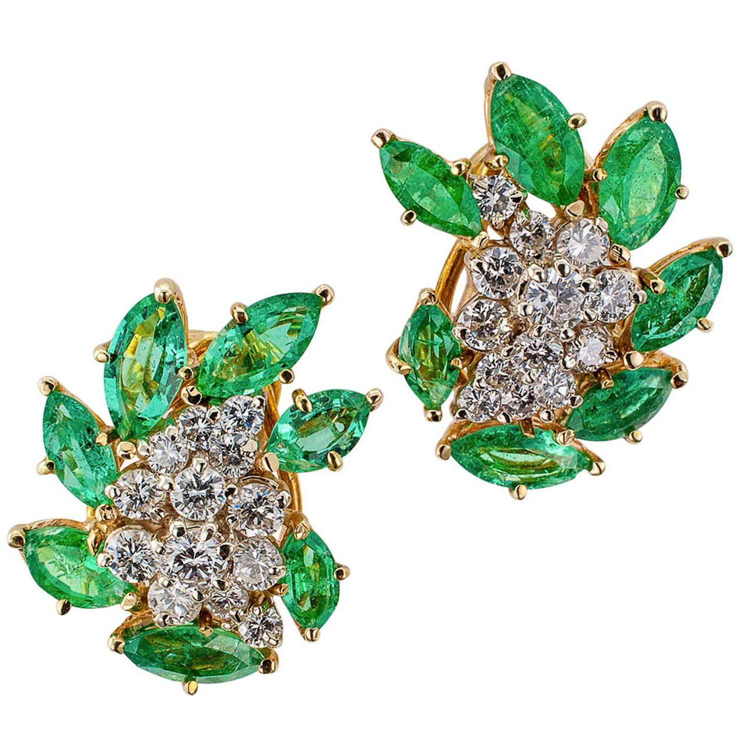 1970s Emerald Diamond Gold Ear Clips