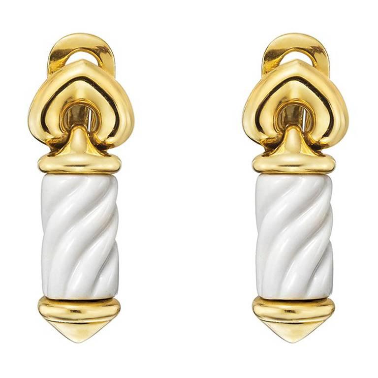 Bulgari Gold White Ceramic Chandra Drop Earrings