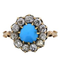 Victorian Cabochon Turquoise and Old Cut Diamond Halo Ring, circa 1880s 2