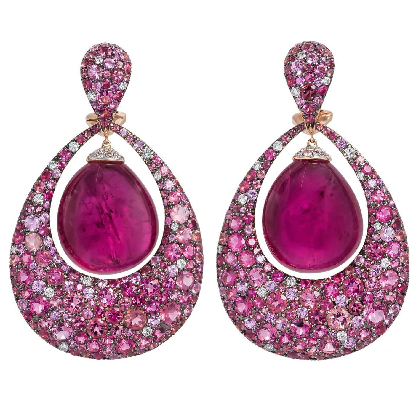Margot McKinney 65.62 Carat Rubellite Diamond Tourmaline Pink Sapphire Earrings For Sale
