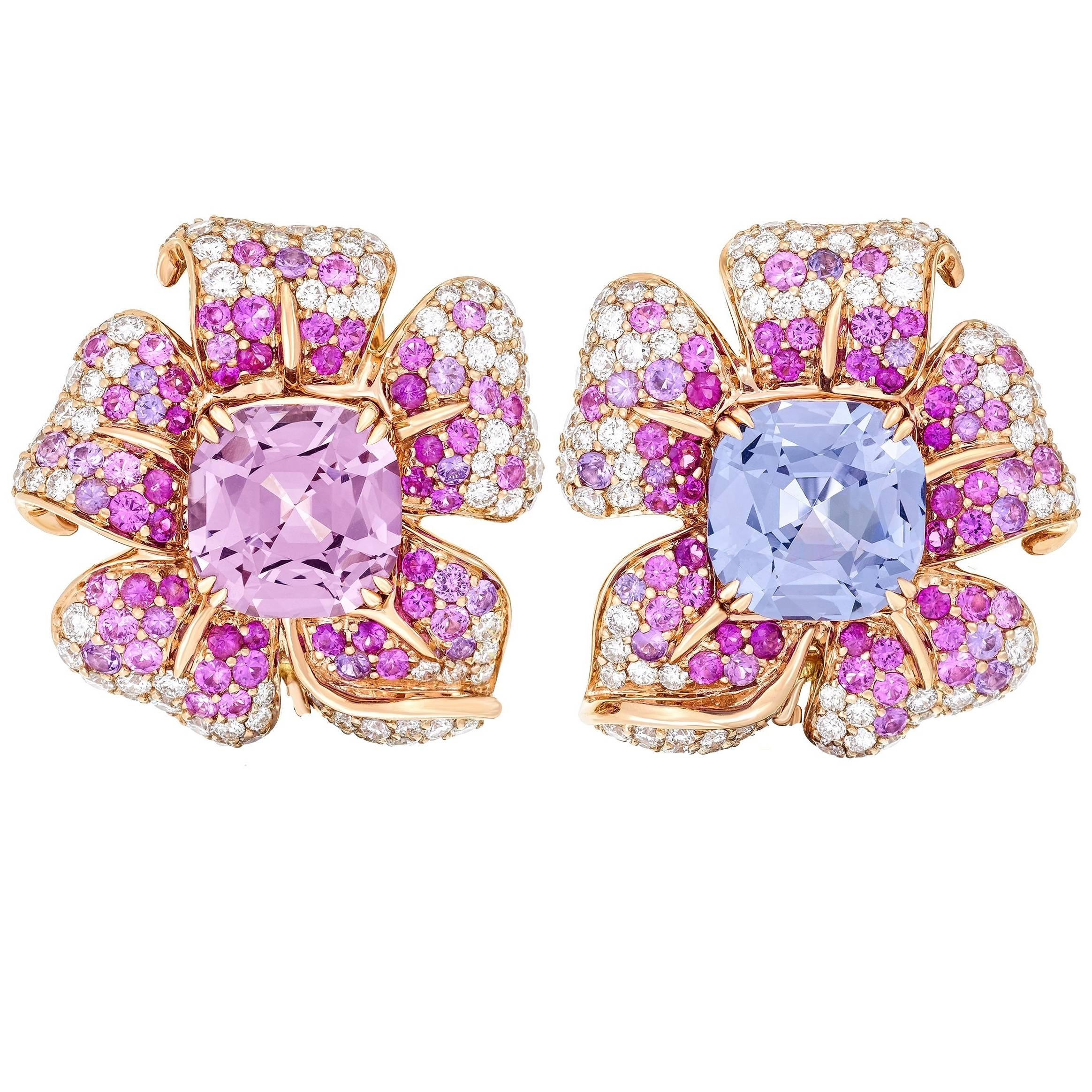 Margot McKinney Stunning 10.19 Carat Spinel Pink Purple Sapphire Flower Earrings For Sale