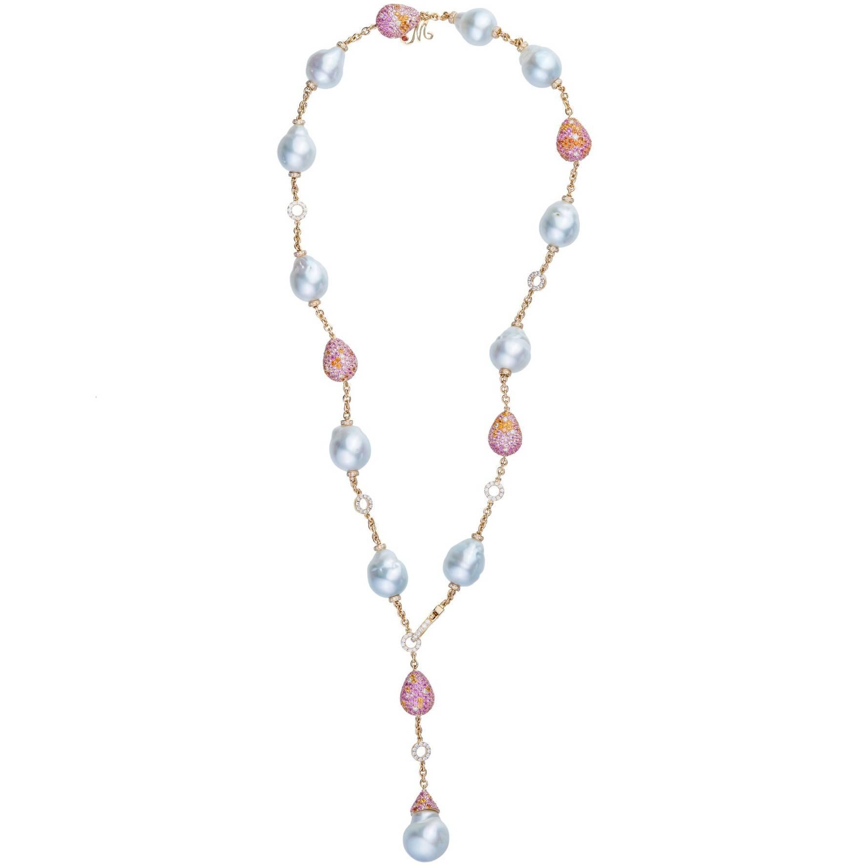 Margot McKinney Baroque Australian South Sea Pearl Pink Sapphire Lariat Necklace For Sale