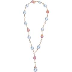 Margot McKinney Baroque Australian South Sea Pearl Pink Sapphire Lariat Necklace