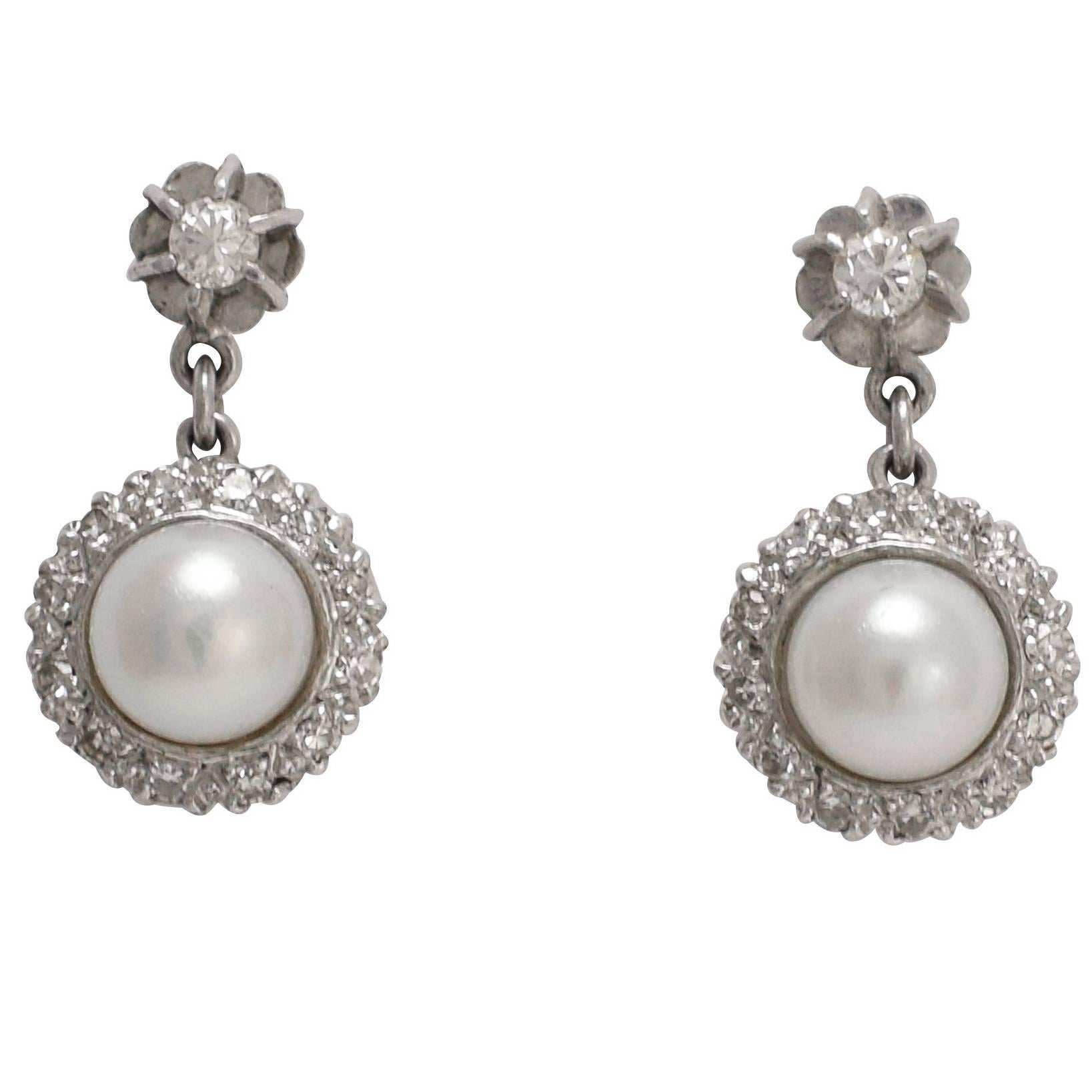 Art Deco Pearl and Diamond Cluster Stud Earrings